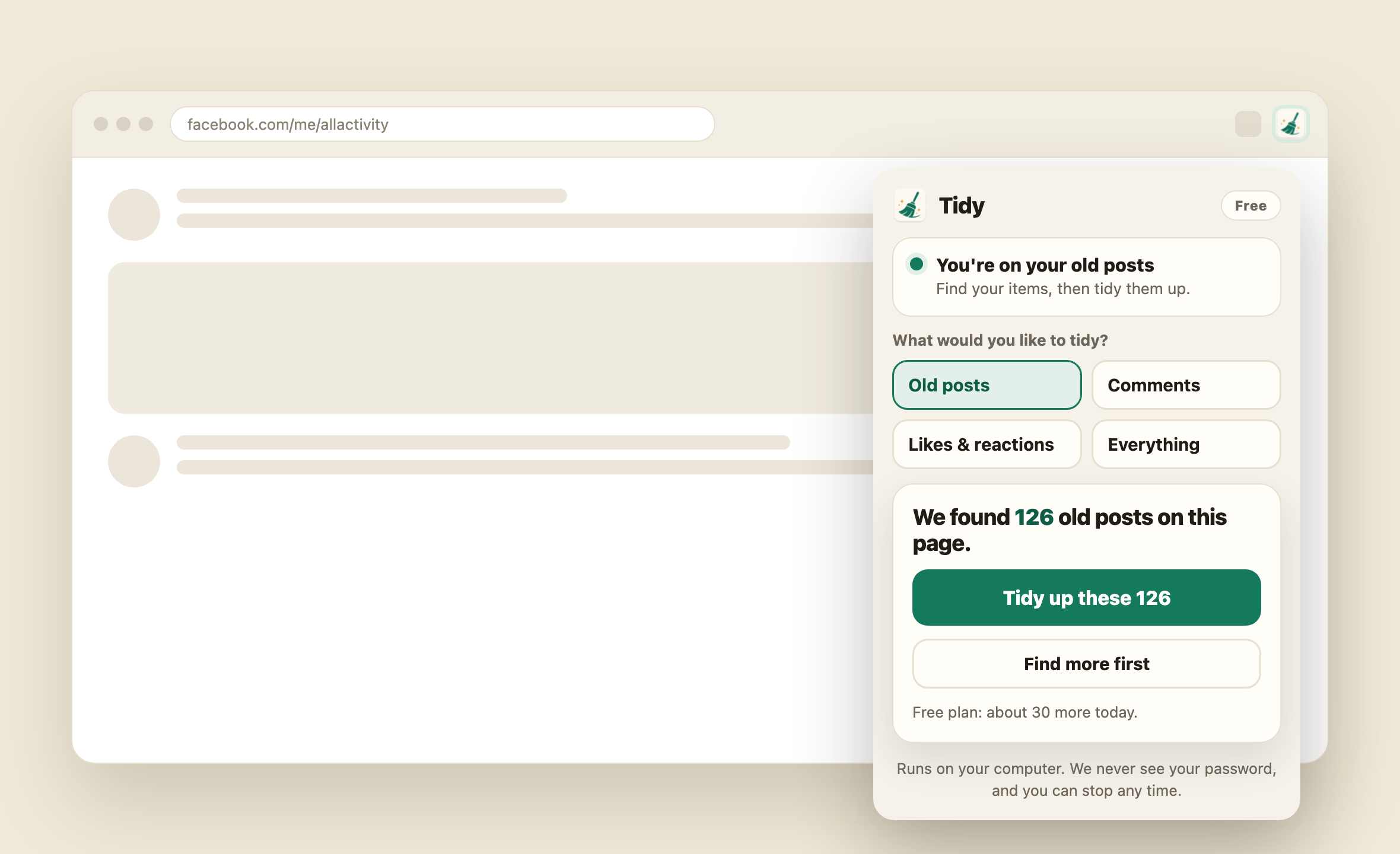 The Tidy popup showing it found 126 old Facebook posts, with a button to tidy them up.