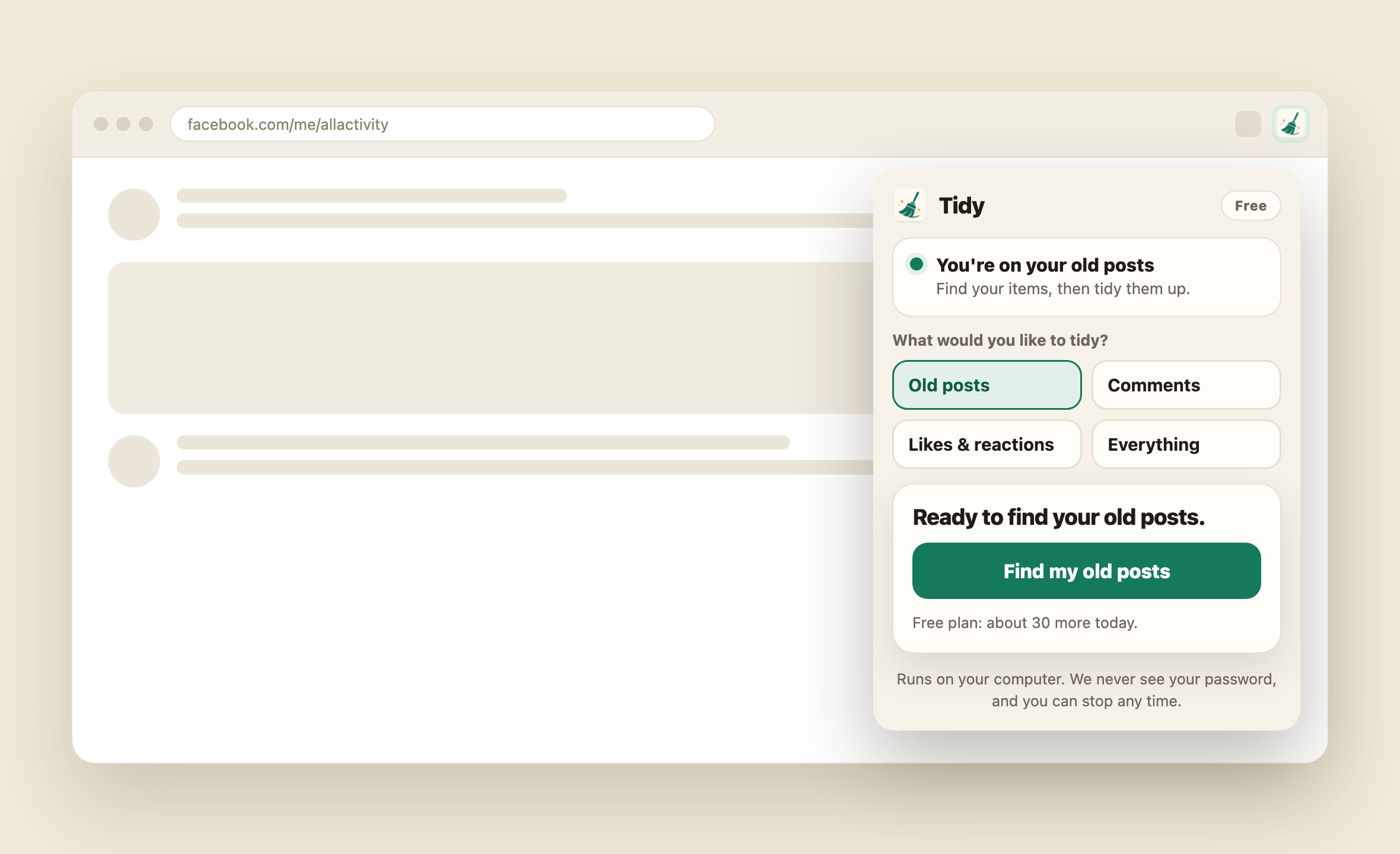 The Tidy popup open on Facebook, with buttons to choose old posts, comments, likes or everything.