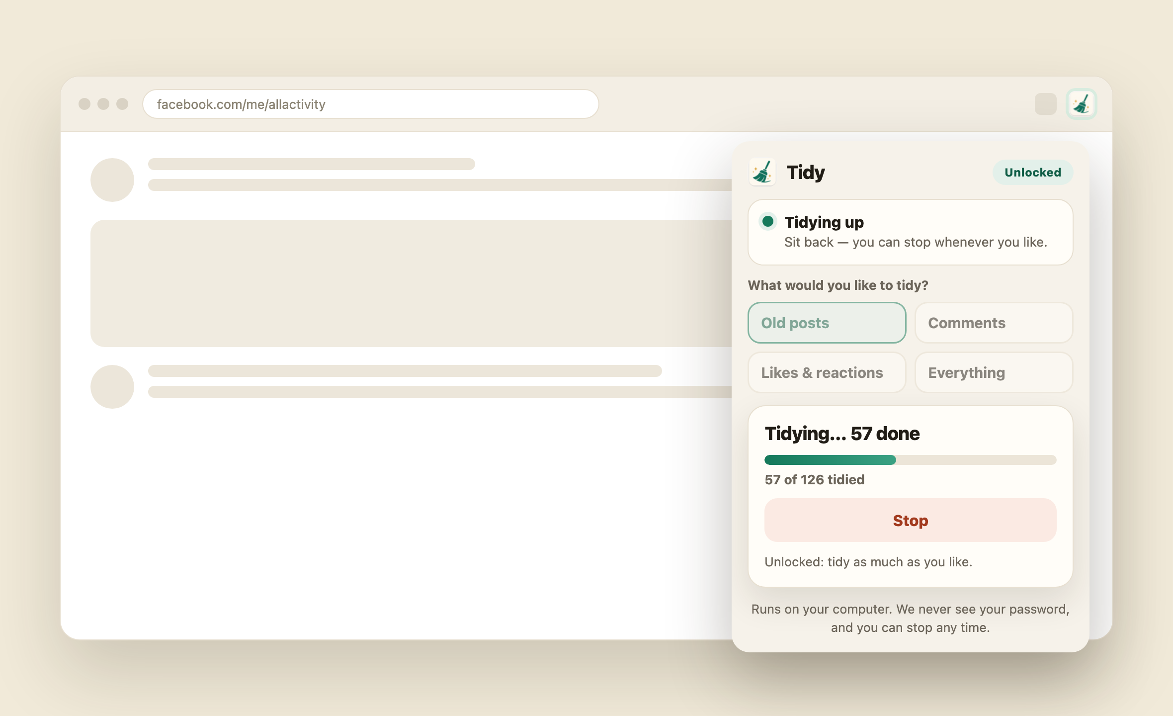 The Tidy popup clearing old Facebook posts, showing a progress bar and a stop button.